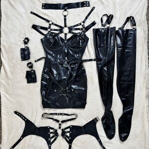 Like New - 6 Piece William Wilde Latex Dress Set w/ Leggings, Gloves & Garter.